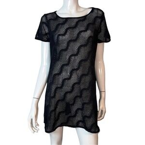 Dotti Black Sheer Fishnet Striped Short Sleeve Swimsuit Cover-Up